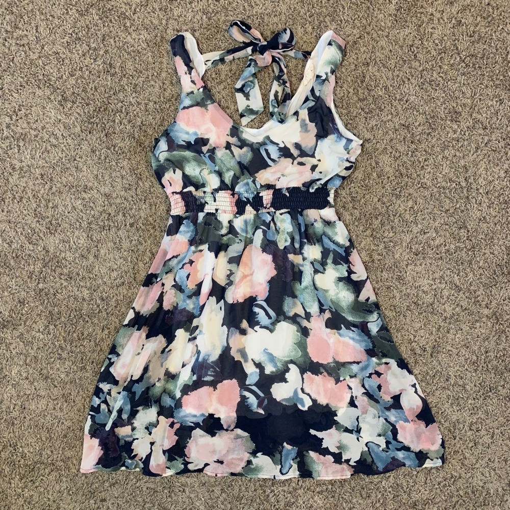 EE:Some Floral Print Halter Neck Smocked Waist Mini Dress Women Size M